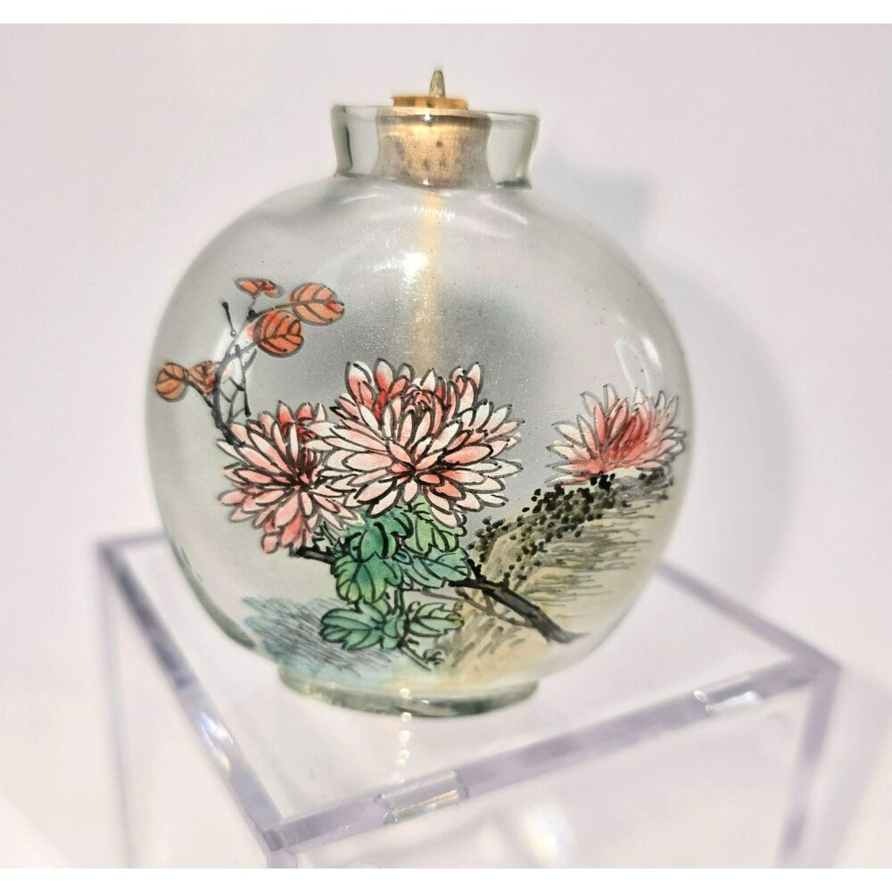 Antique Hand-Painted Chinese Glass Snuff Bottle With Landscape Floral Art je147
